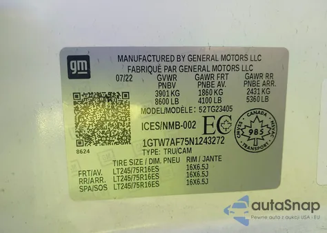 2022 GMC Savana Cargo Rwd 2500 Regular Wheelbase Work Van из США, поврежденный, VIN 1GTW7AF75N1243272